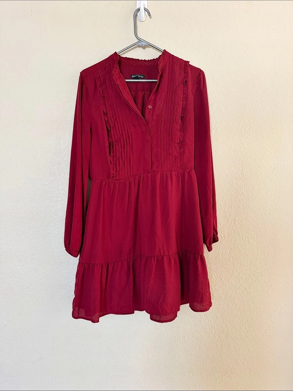 J.Crew Mercantile Pintuck Ruffle Tiered Long Sleeve Dress Red Size 8